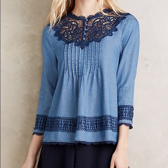 Anthropologie Tops - Anthropologie Holding Horses Lace Chambray Top